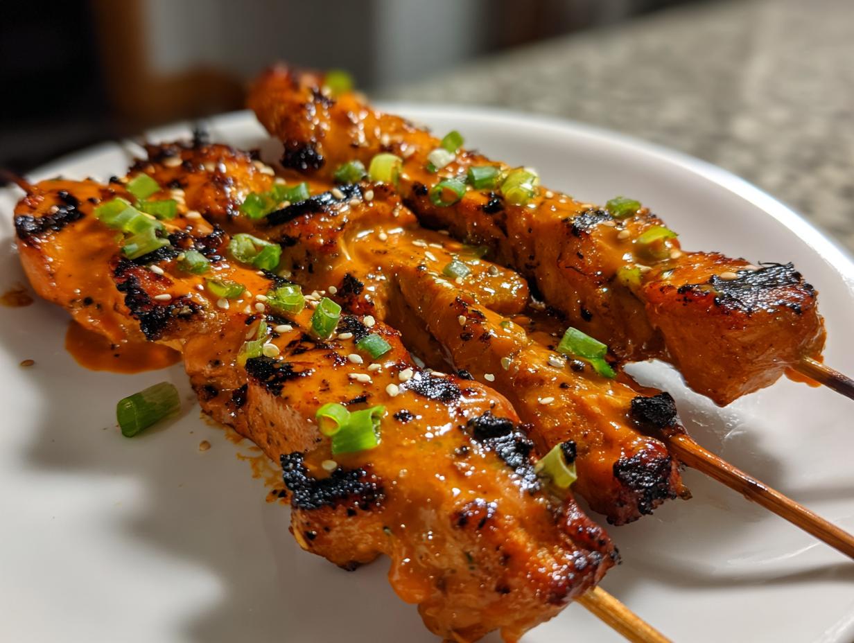 Three grilled bang bang chicken skewers coated in orange sauce, garnished with sesame seeds and chopped green onions.