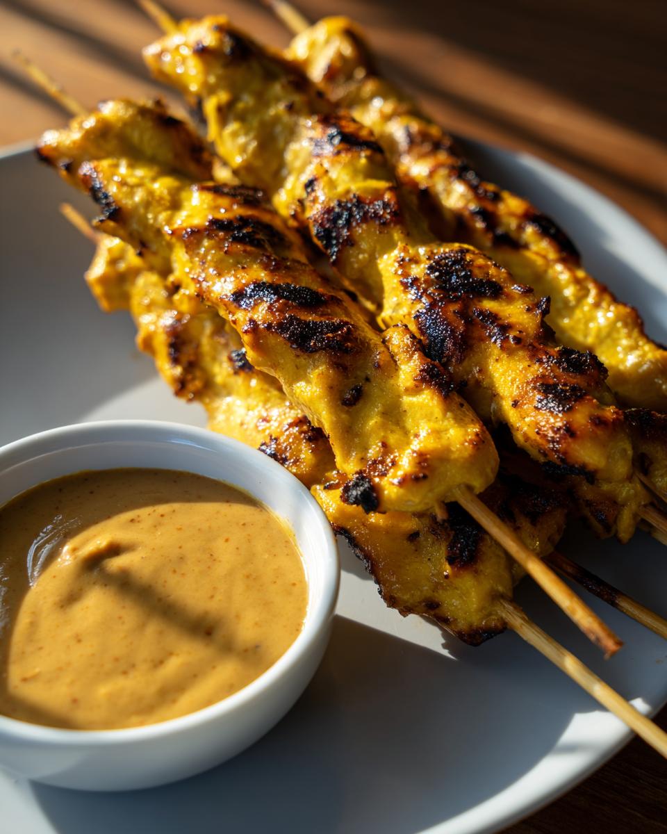 Close-up of grilled, yellow-marinated chicken satay skewers served with a small bowl of peanut dipping sauce.