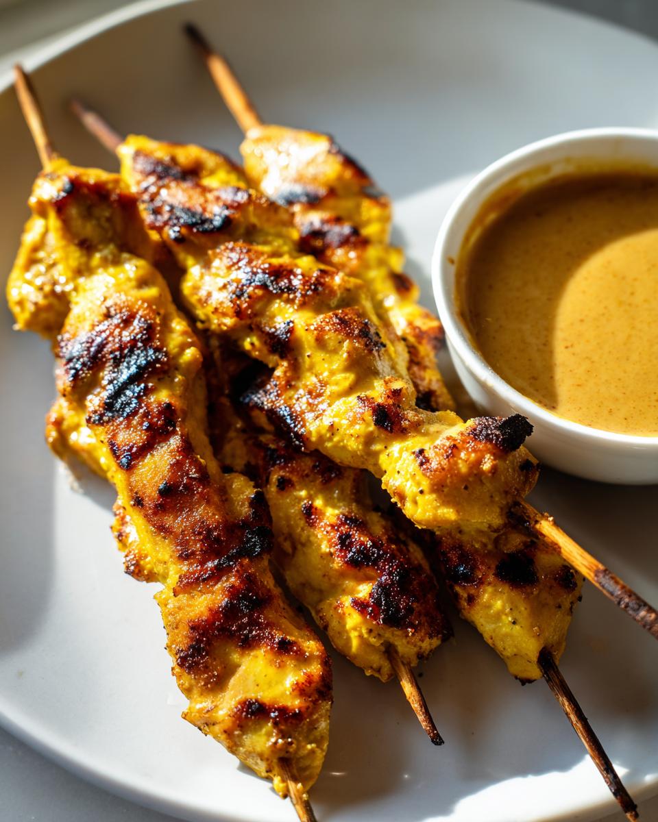 Close-up of four grilled, yellow-marinated chicken satay skewers next to a small bowl of peanut sauce.
