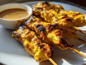Close-up of freshly grilled chicken satay skewers served with a side of creamy peanut dipping sauce.