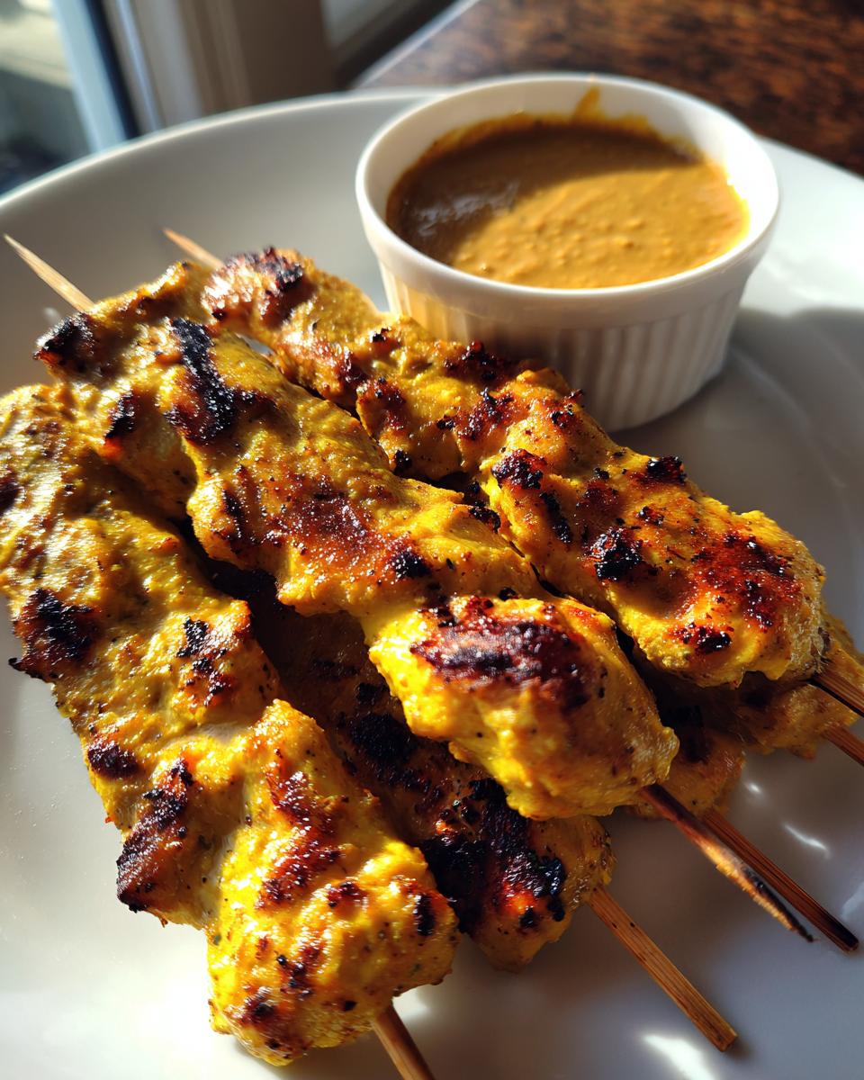 Close-up of grilled, golden yellow chicken satay skewers served with a side of creamy peanut dipping sauce.