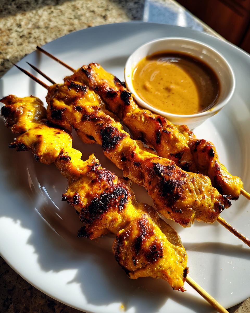 Three skewers of juicy, grilled chicken satay with char marks served on a white plate next to a small bowl of peanut sauce.