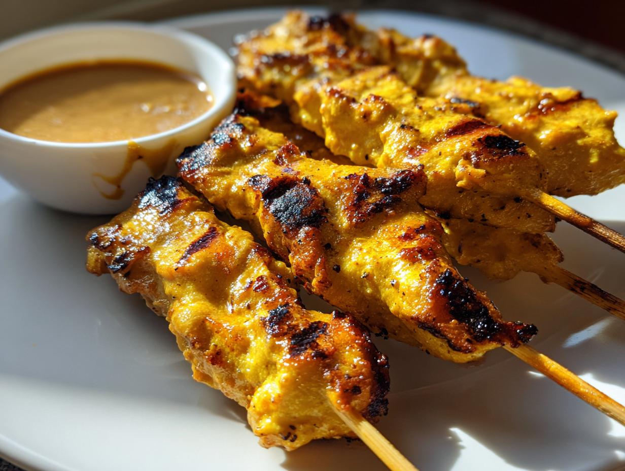 Close-up of freshly grilled chicken satay skewers served with a side of creamy peanut dipping sauce.