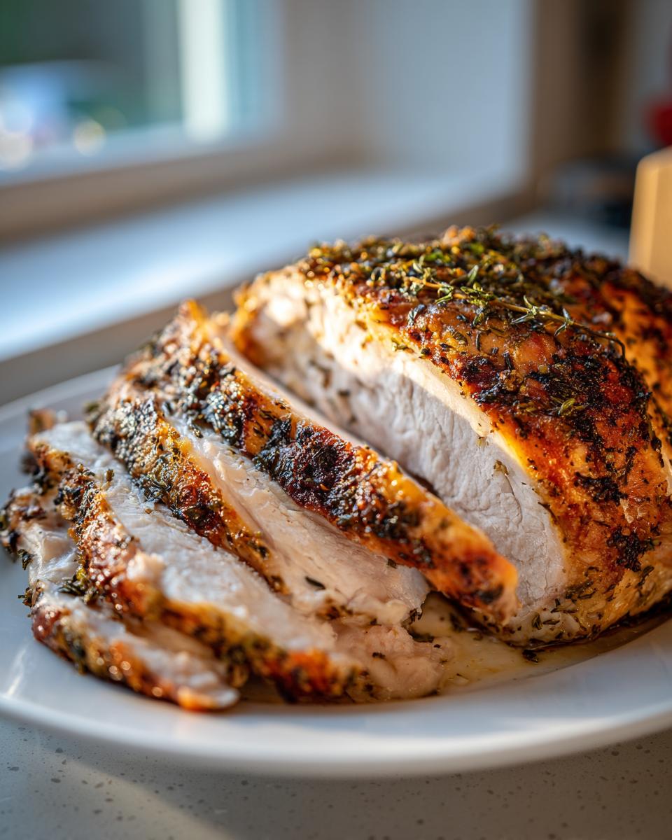 A beautifully browned, herb-crusted slow cooker turkey breast, partially sliced to show the juicy white meat inside.