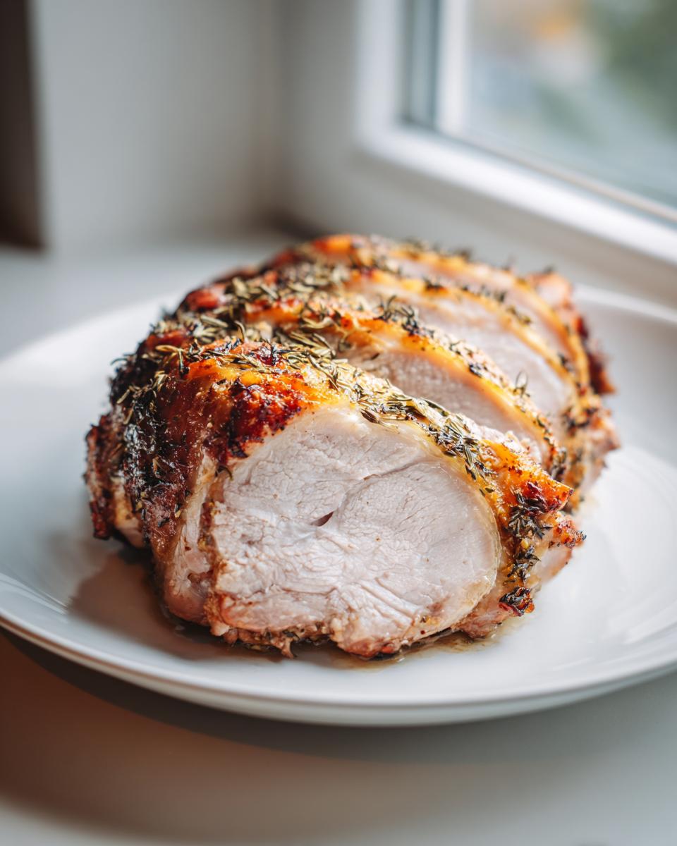 Close-up of a juicy, sliced slow cooker turkey breast roast seasoned heavily with dried herbs.