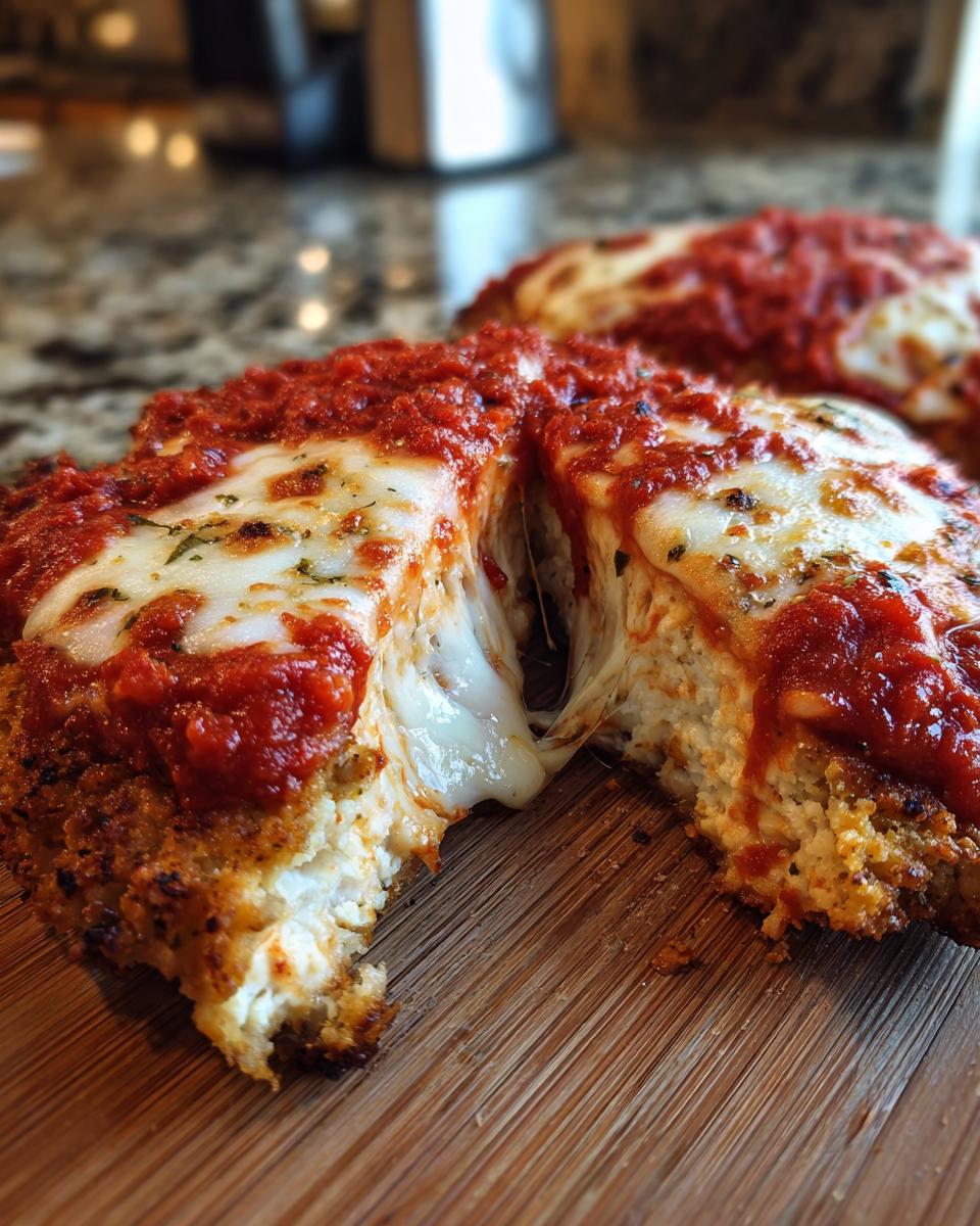 Close-up of keto chicken parmesan cut open showing melted, stretchy mozzarella cheese and rich tomato sauce.