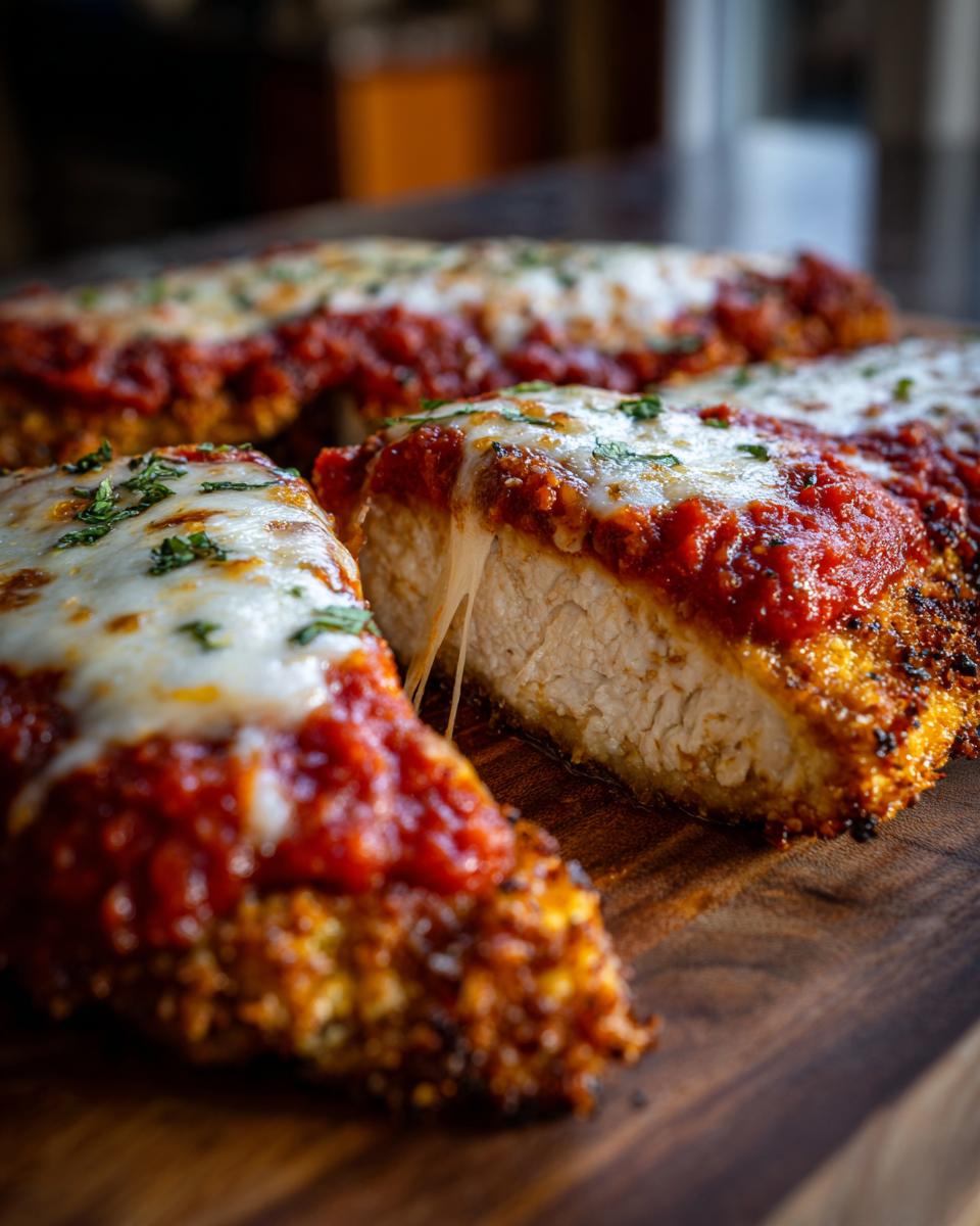 Close-up of a sliced keto chicken parmesan, showing melted mozzarella cheese and rich tomato sauce over a crispy chicken breast.