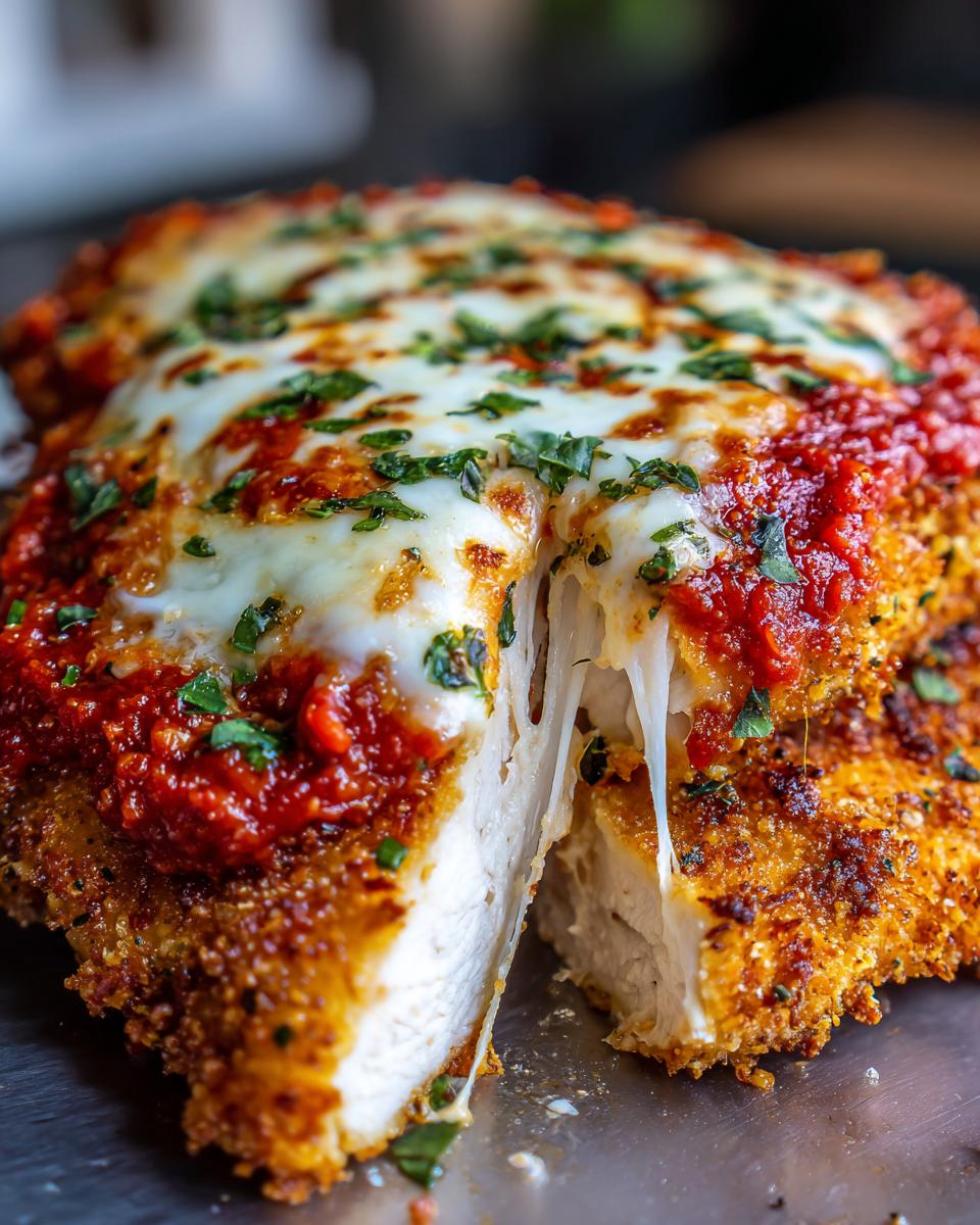 Close-up of keto chicken parmesan cut open showing melted, stringy mozzarella cheese and rich tomato sauce.