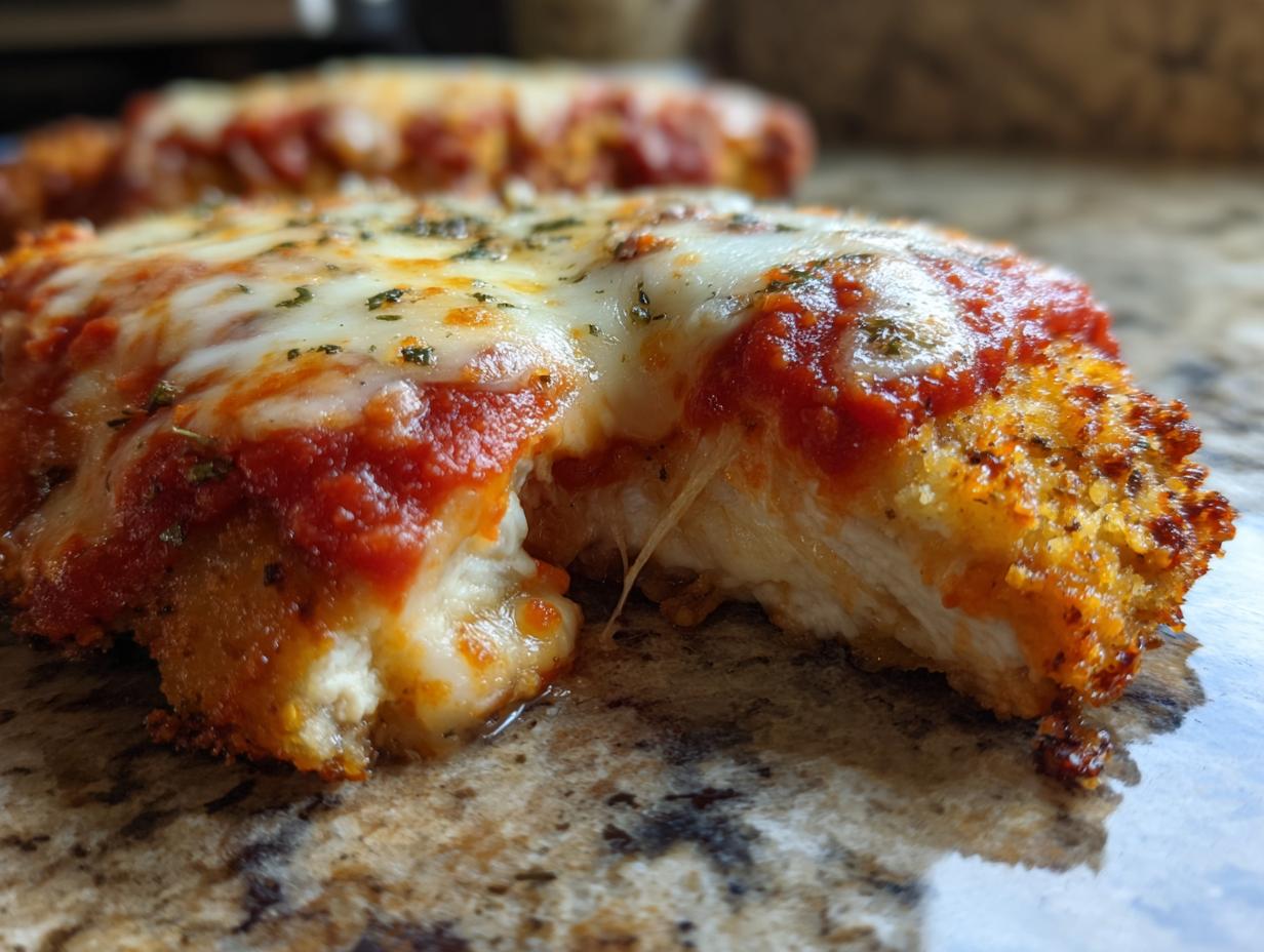 Close-up of a juicy keto chicken parmesan cutlet showing melted mozzarella, marinara sauce, and crispy breading.