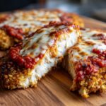 Close-up of keto chicken parmesan cut in half, showing juicy white chicken breast topped with marinara sauce and melted mozzarella cheese.