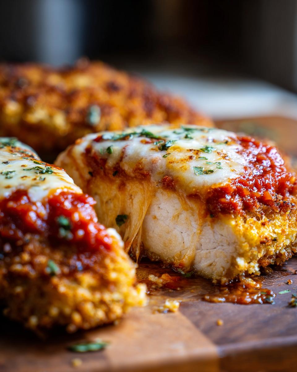 Close-up of a juicy keto chicken parmesan cutlet, topped with melted mozzarella, marinara sauce, and parsley.
