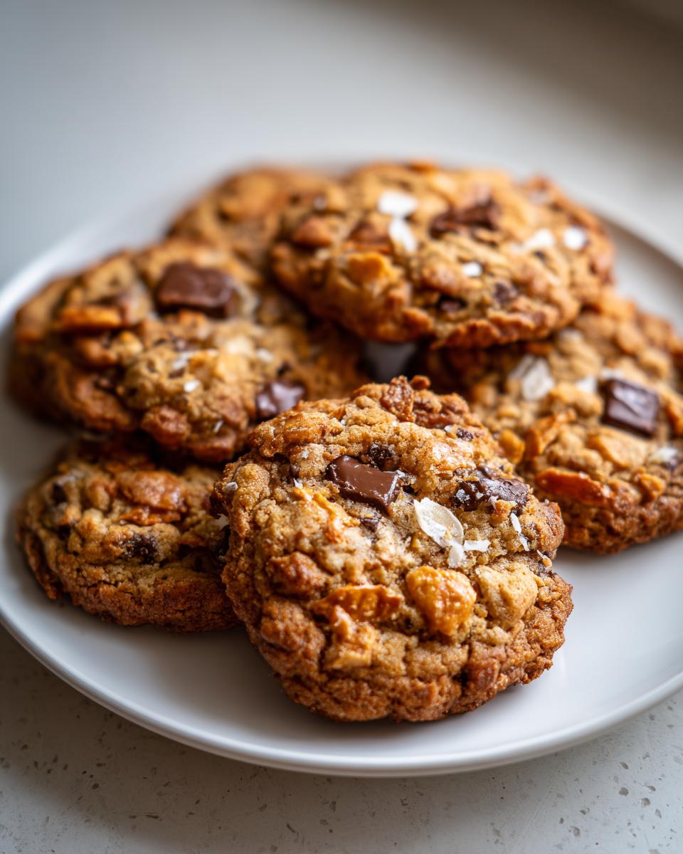 A close-up of several thick, chewy kitchen sink cookies piled on a white plate, featuring visible chocolate chunks and sea salt.