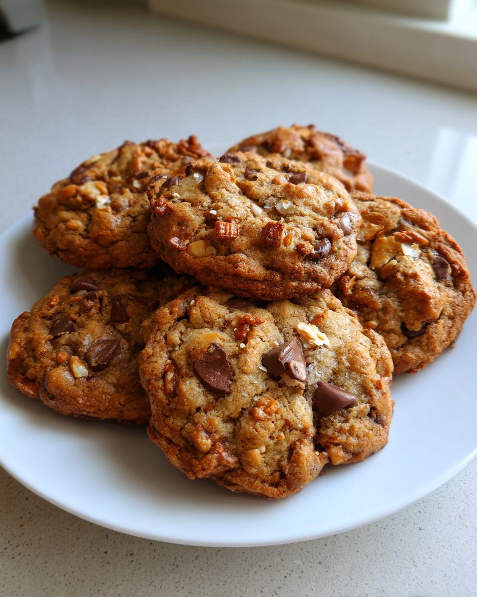 A stack of freshly baked, chunky kitchen sink cookies loaded with chocolate chips and nuts, served on a white plate.