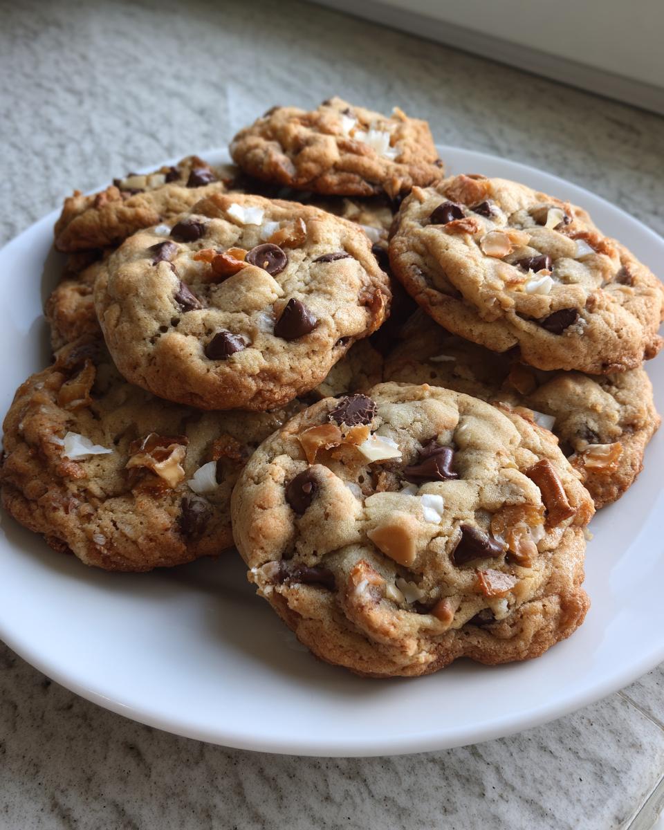 A pile of freshly baked kitchen sink cookies loaded with chocolate chips and other mix-ins on a white plate.