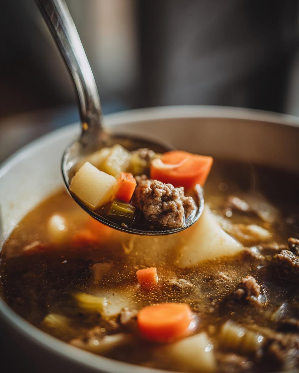 A metal ladle lifting a spoonful of amazing hamburger soup containing ground beef, carrots, and potatoes from a bowl.