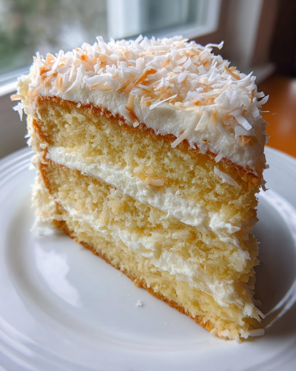 A tall slice of layered coconut cake with white frosting and toasted coconut flakes on top.