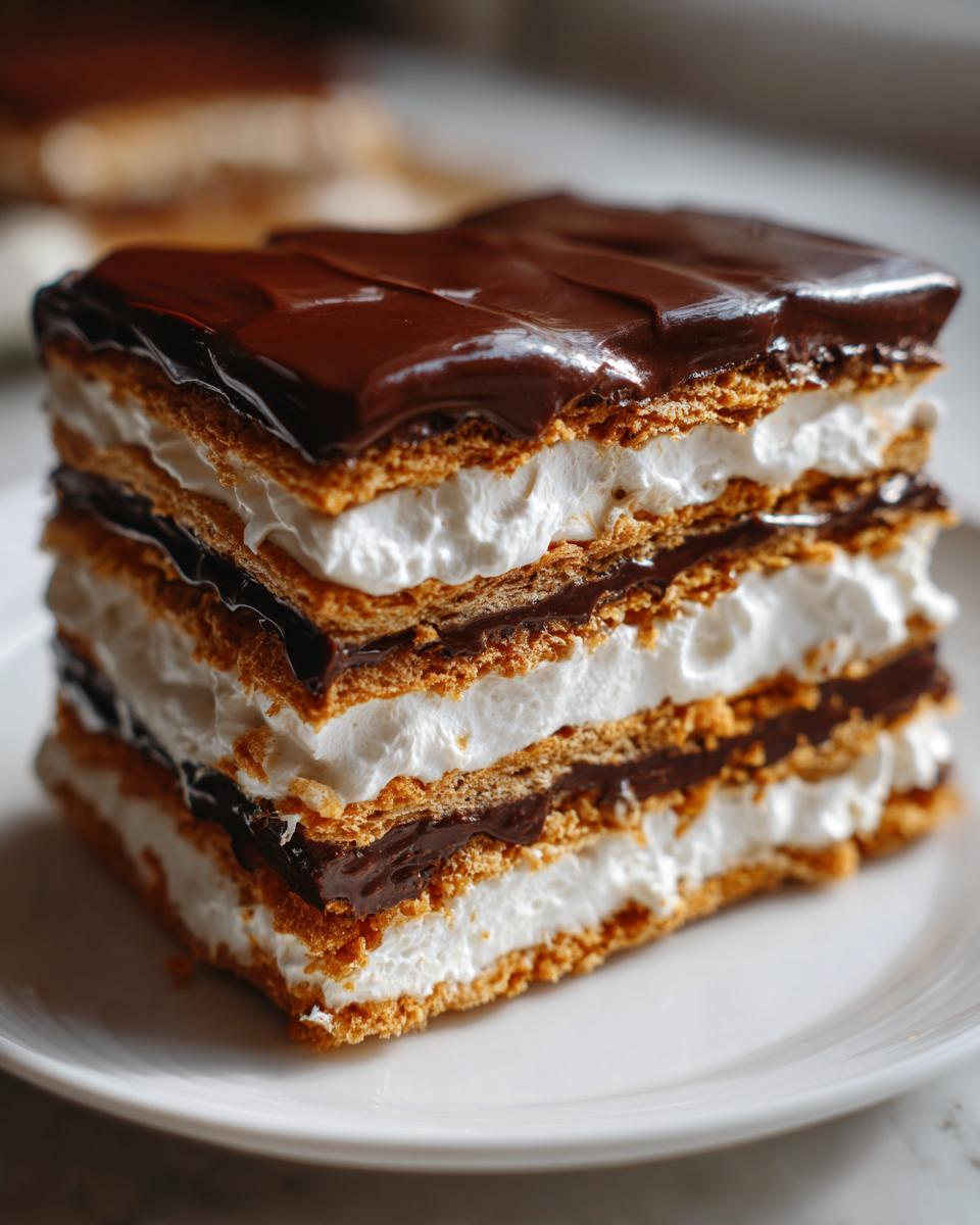 A tall, layered slice of eclair cake featuring graham crackers, white cream filling, and rich chocolate frosting.