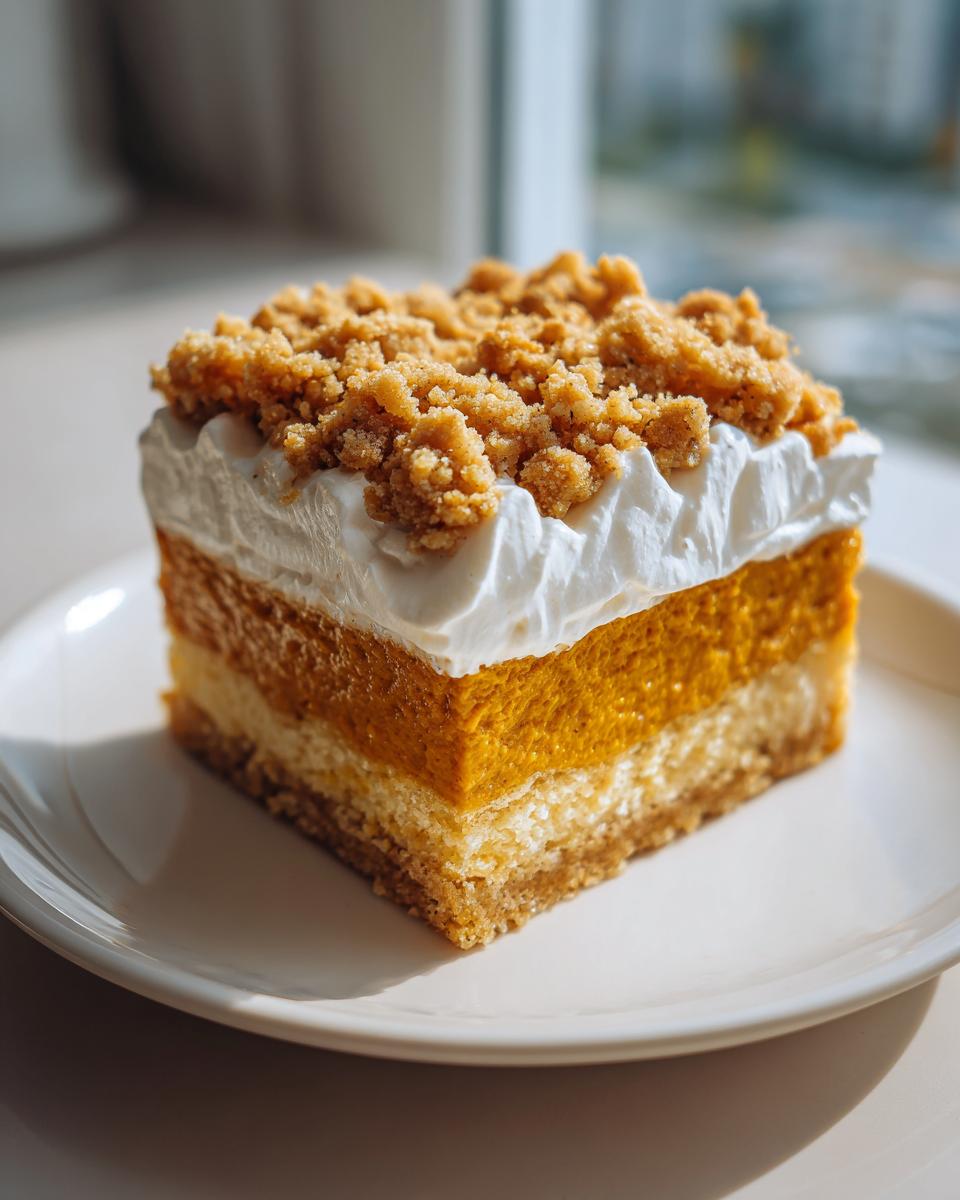 A square slice of layered pumpkin crunch dessert with a crust, pumpkin layer, whipped cream, and streusel topping.