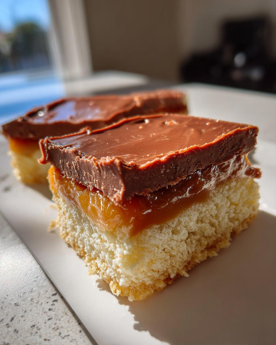 A close-up of two layered twix cookies bars showing a shortbread base, caramel, and thick chocolate topping.