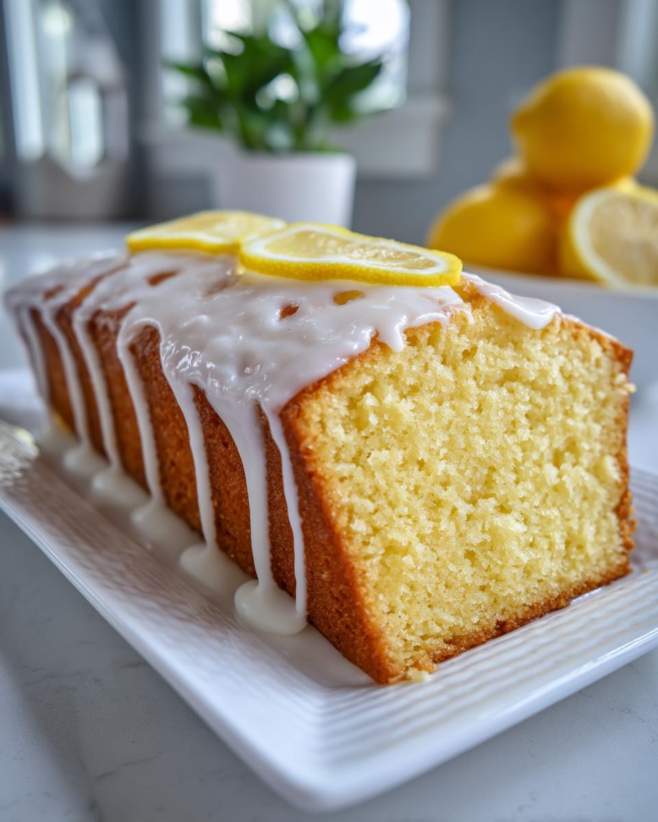 A close-up of a moist slice of lemon pound cake drizzled with white glaze and topped with lemon slices.