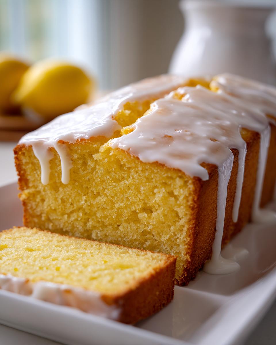 Close-up of a moist lemon pound cake loaf with thick white glaze dripping down the sides, one slice cut.
