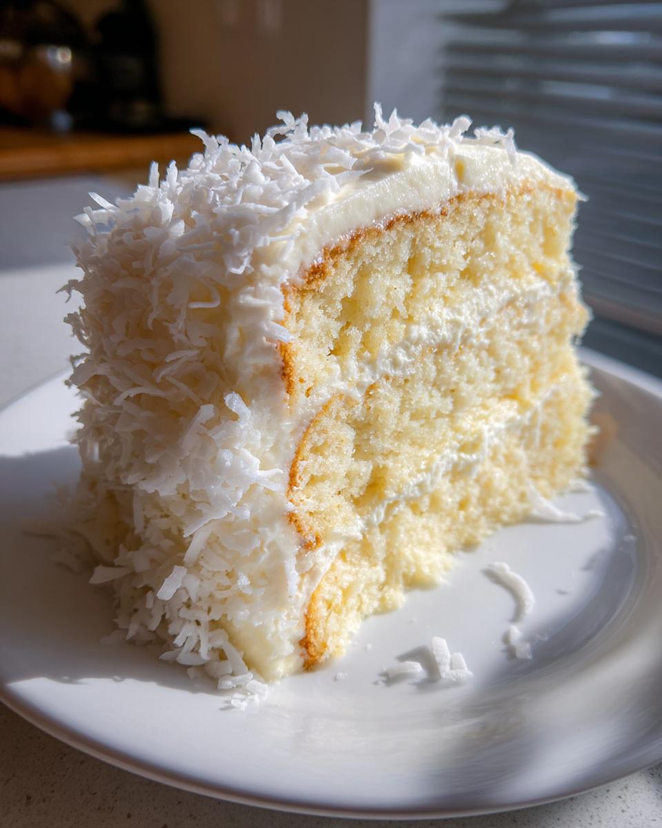 Close-up of a moist slice of coconut cake layered with frosting and covered in shredded coconut.