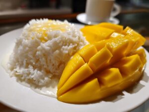 Close-up of plated mango sticky rice featuring bright yellow sliced mango next to a mound of coconut sticky rice.