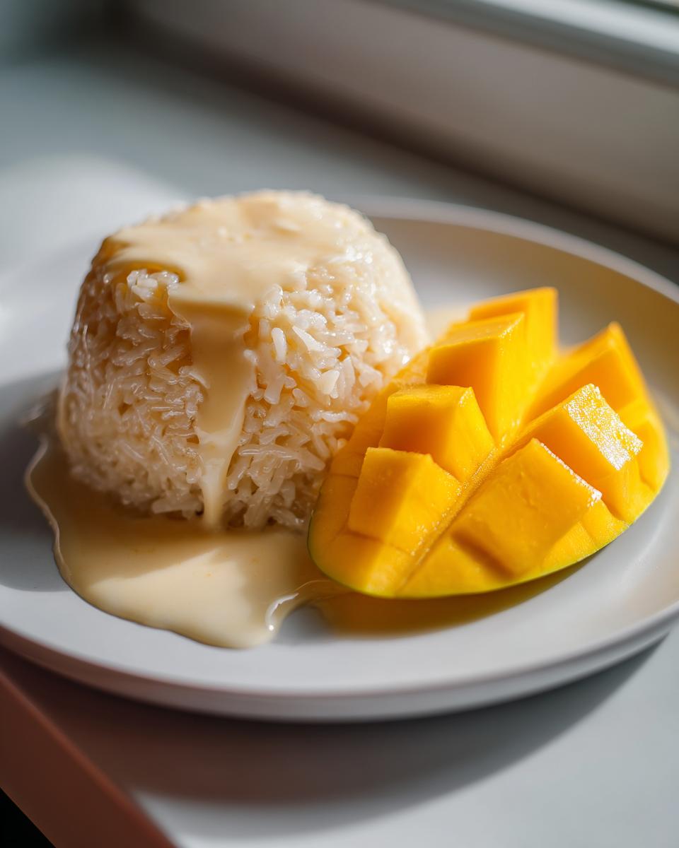 A serving of molded sticky rice drizzled with rich coconut cream next to perfectly sliced fresh mango, ready to eat mango sticky rice.