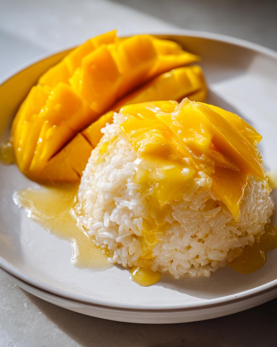 A close-up of a serving of mango sticky rice topped with sweet coconut sauce and sliced fresh mango.