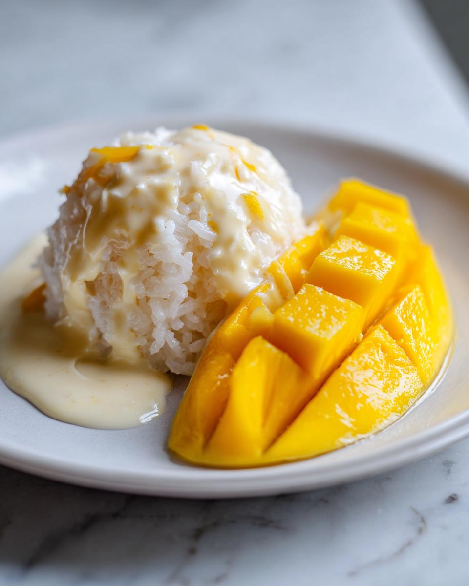 A serving of delicious mango sticky rice with sweet coconut cream drizzled over the rice.