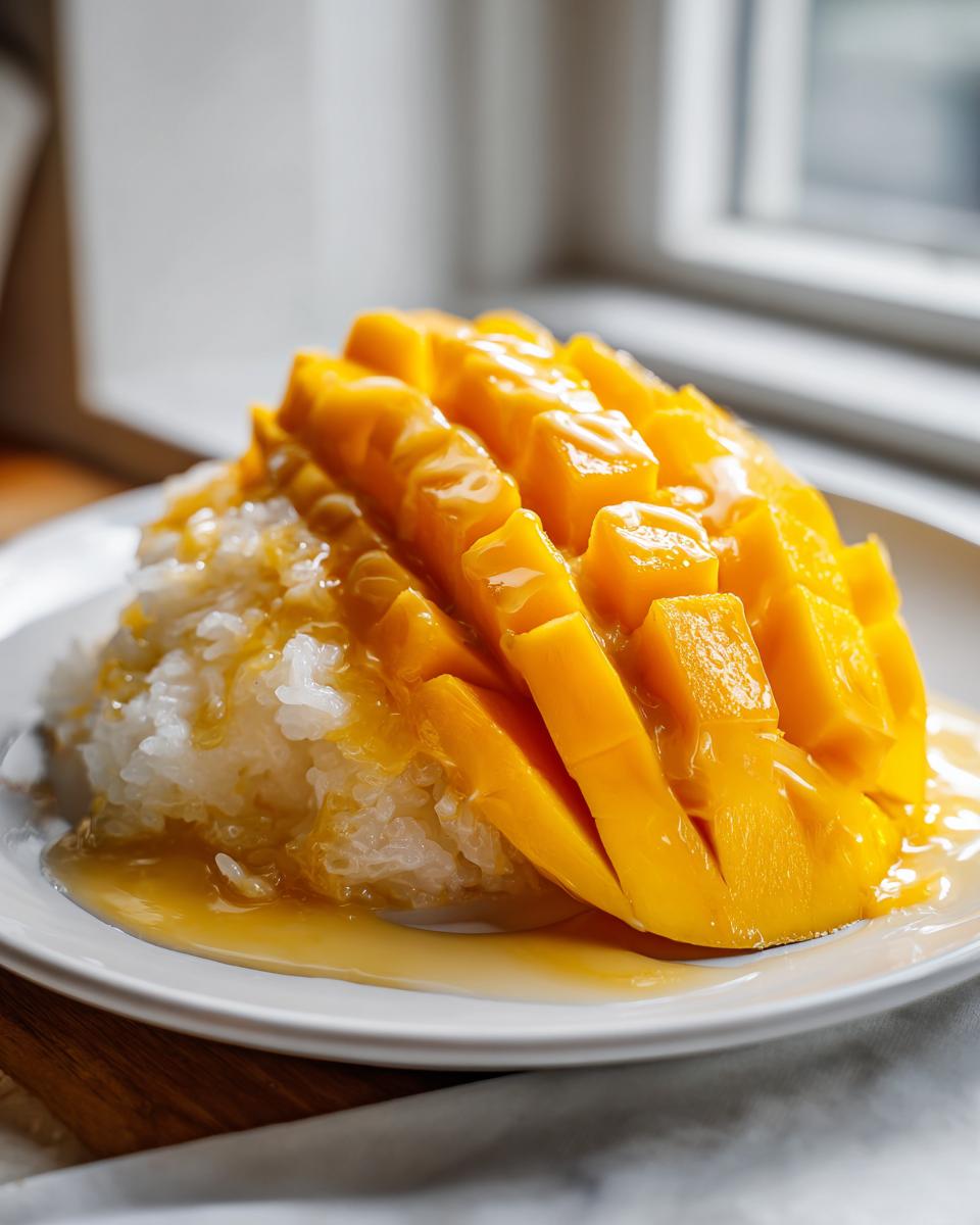A close-up of delicious mango sticky rice, featuring bright yellow sliced mango drizzled with sweet sauce over white sticky rice.