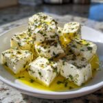 Close-up of white cubes of marinated cheese generously coated in green herbs and resting in golden olive oil.