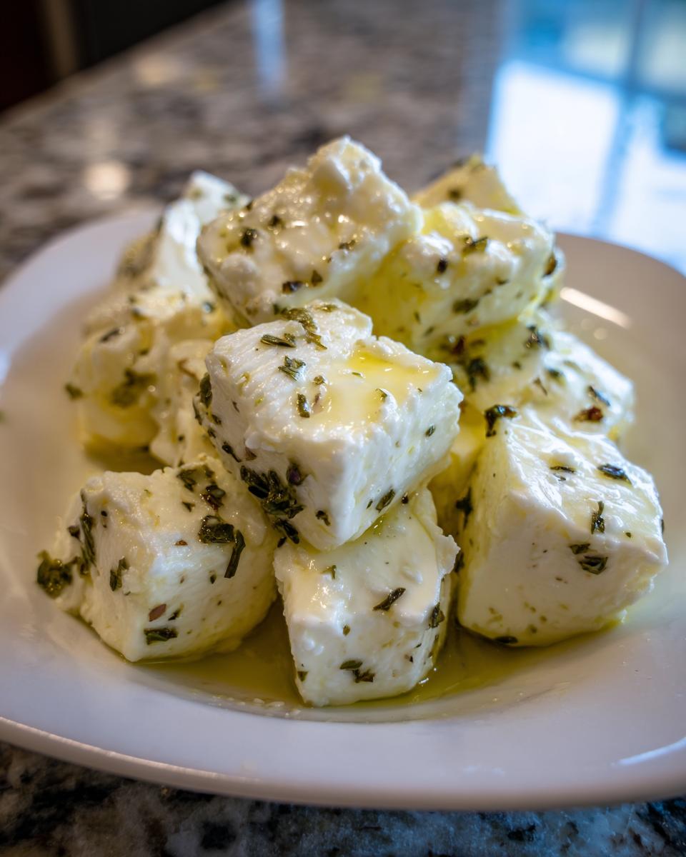 Close-up of white cubes of marinated cheese drizzled with olive oil and sprinkled with dried green herbs.