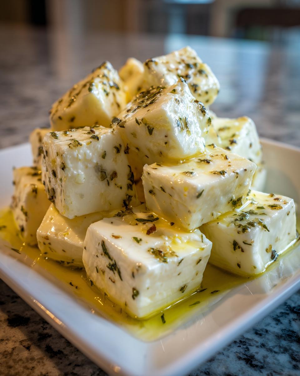 Close-up of white cubes of marinated cheese piled on a white dish, glistening with olive oil and covered in dried herbs.