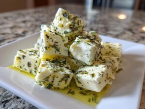 Close-up of cubed, white marinated cheese generously coated in green herbs and sitting in olive oil on a square white plate.