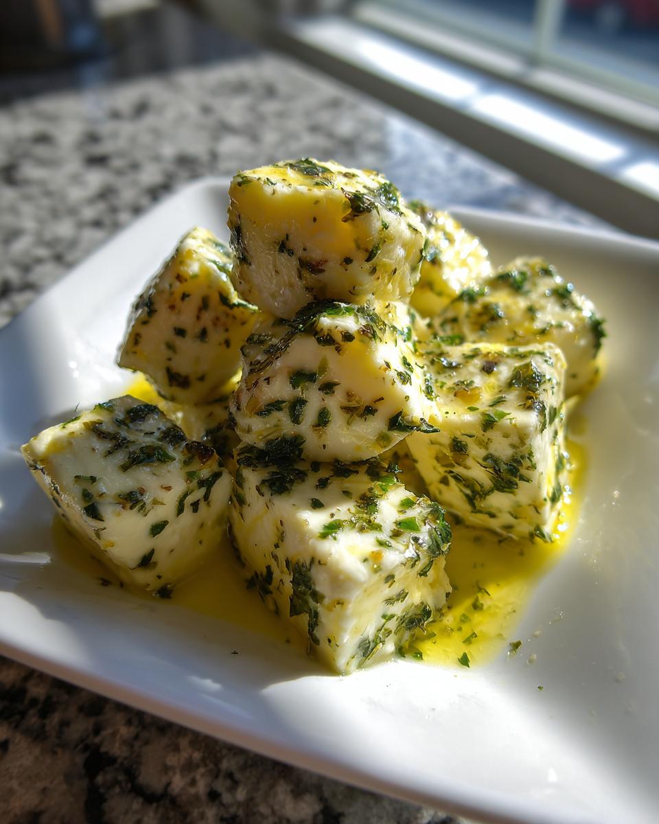 Close-up of cubes of marinated cheese coated in green herbs and resting in olive oil on a white plate.