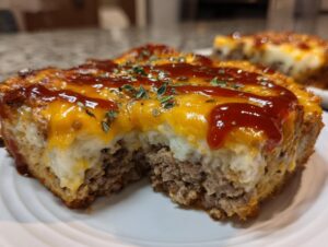 A close-up slice of meatloaf casserole showing layers of ground meat, mashed potatoes, melted cheddar, and ketchup topping.