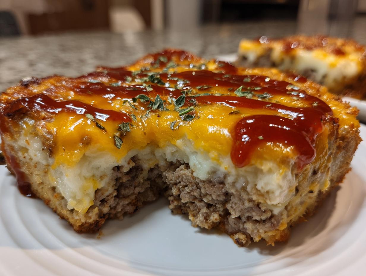 A close-up slice of meatloaf casserole showing layers of ground meat, mashed potatoes, melted cheddar, and ketchup topping.