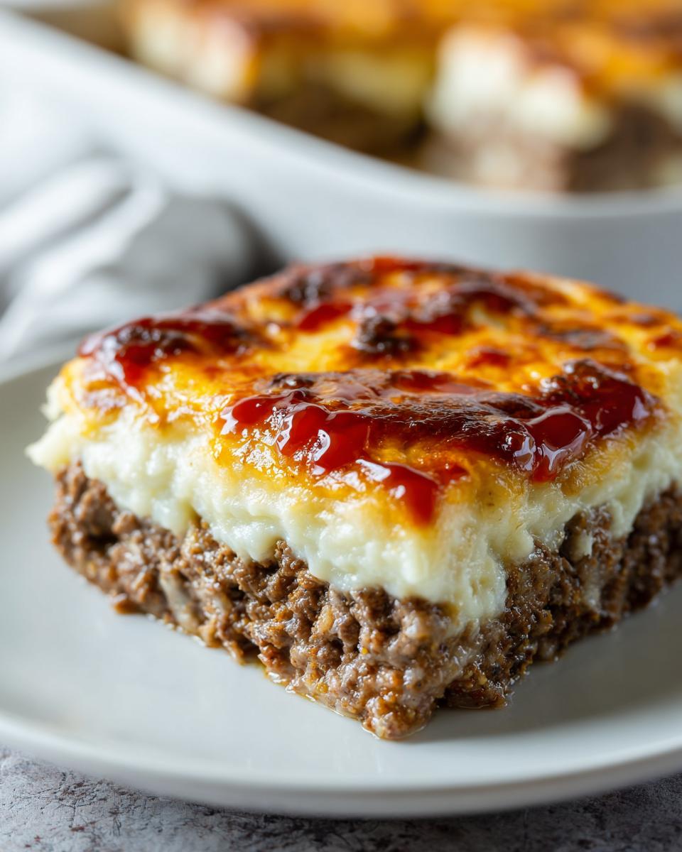 A close-up view of a hearty slice of meatloaf casserole featuring a thick meat base, creamy mashed potato topping, and a sweet, browned glaze.