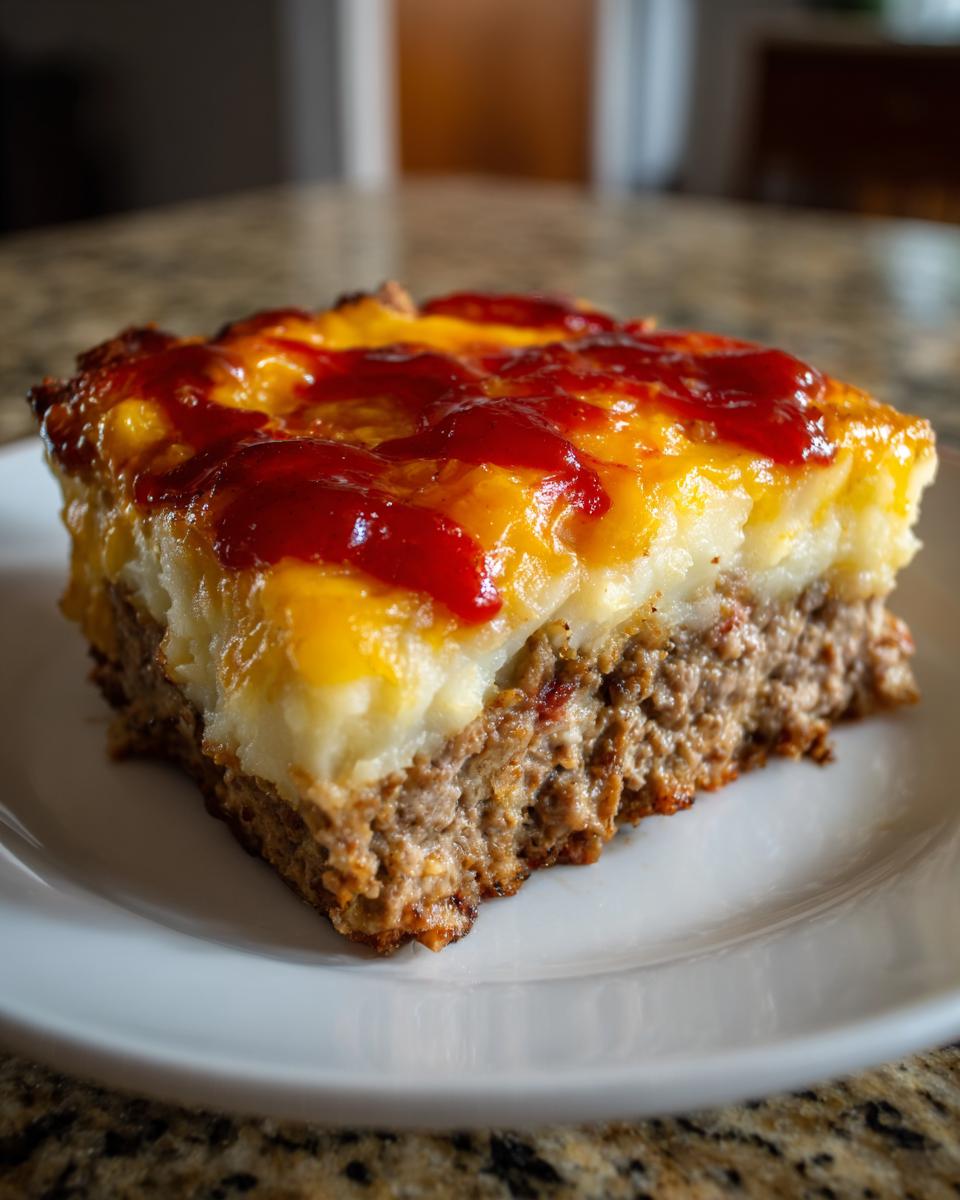 A square slice of hearty meatloaf casserole topped with mashed potatoes, melted cheese, and ketchup.