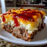 Close-up of a hearty slice of meatloaf casserole topped with mashed potatoes, melted cheese, and ketchup drizzle.