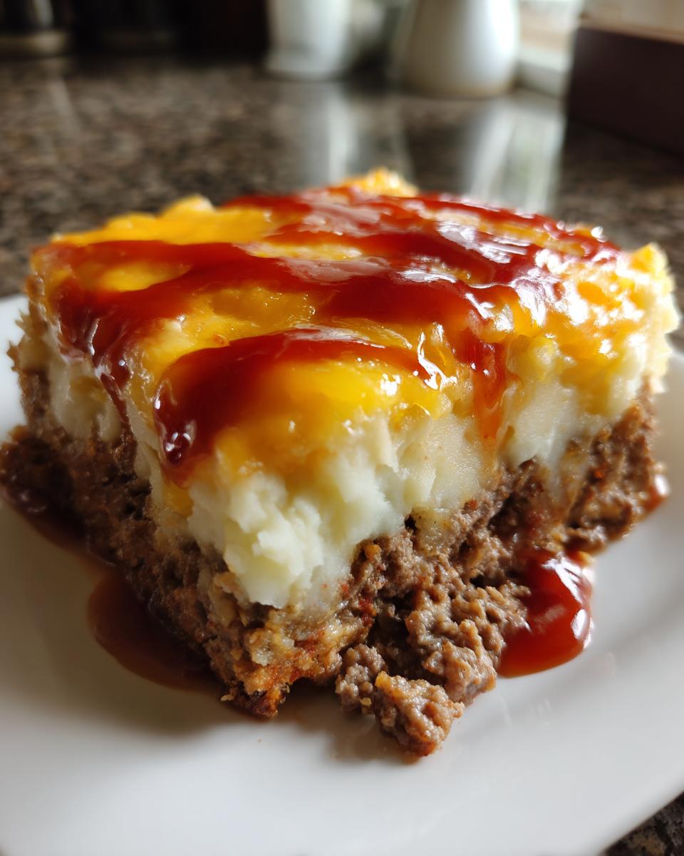A close-up slice of meatloaf casserole topped with mashed potatoes, melted cheese, and a drizzle of ketchup.