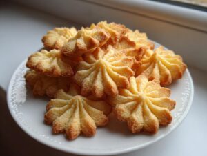 A pile of golden, star-shaped butter cookies dusted with sugar resting on a white plate.