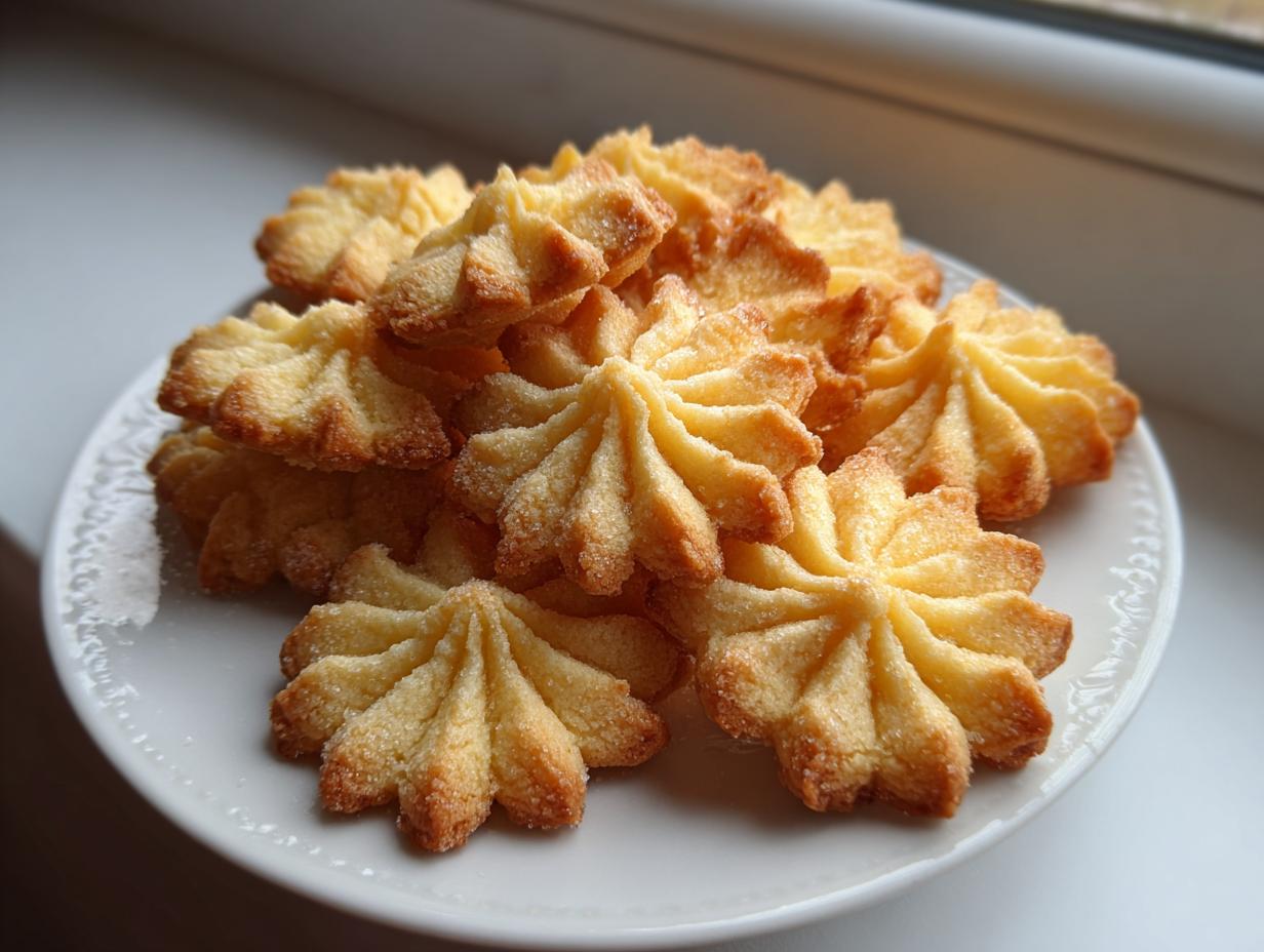 A pile of golden, star-shaped butter cookies dusted with sugar resting on a white plate.