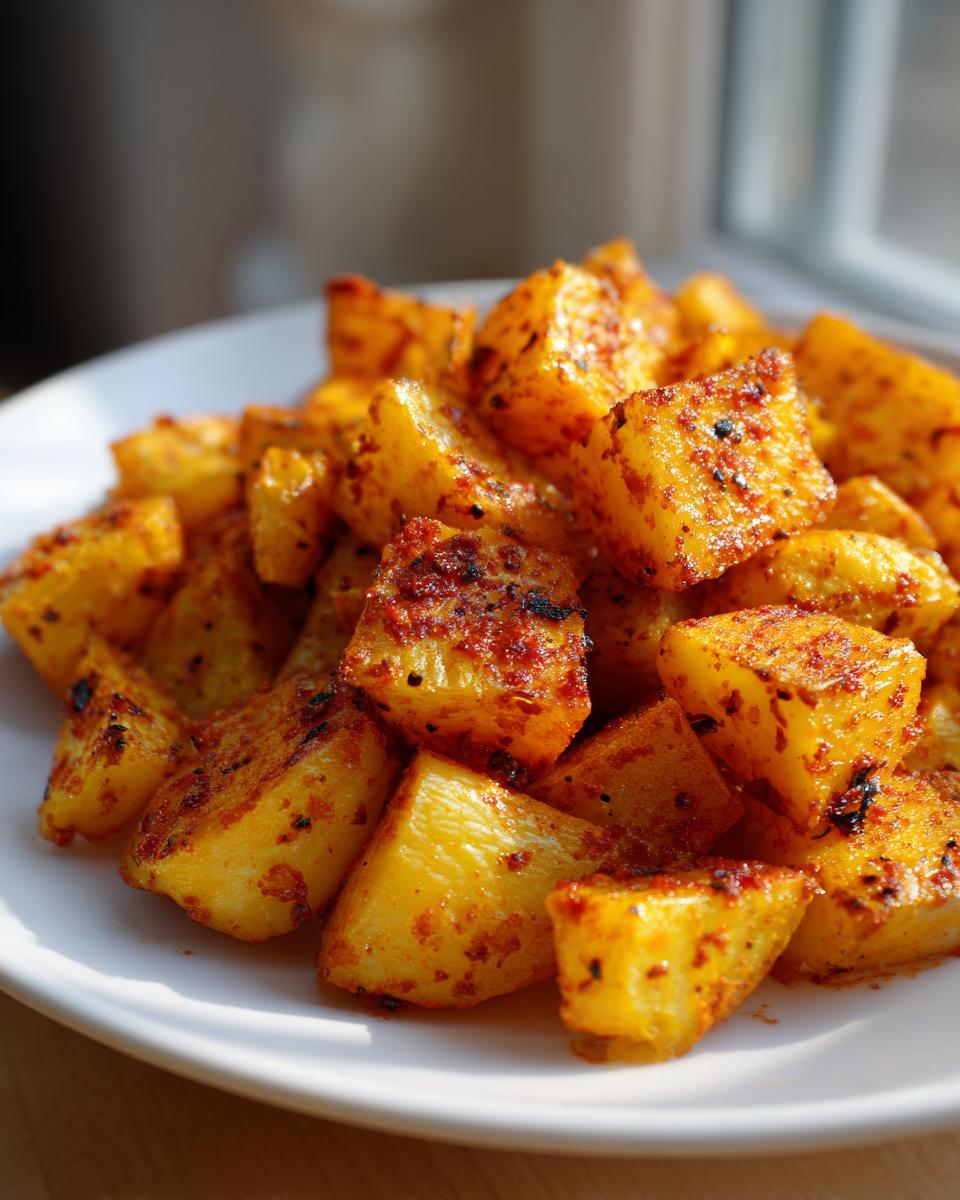 Close-up of perfectly seasoned, cubed Mexican Potatoes, roasted golden brown and coated in red spices.
