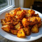 A close-up of crispy, seasoned Mexican Potatoes tossed in spices and herbs, served in a white bowl.