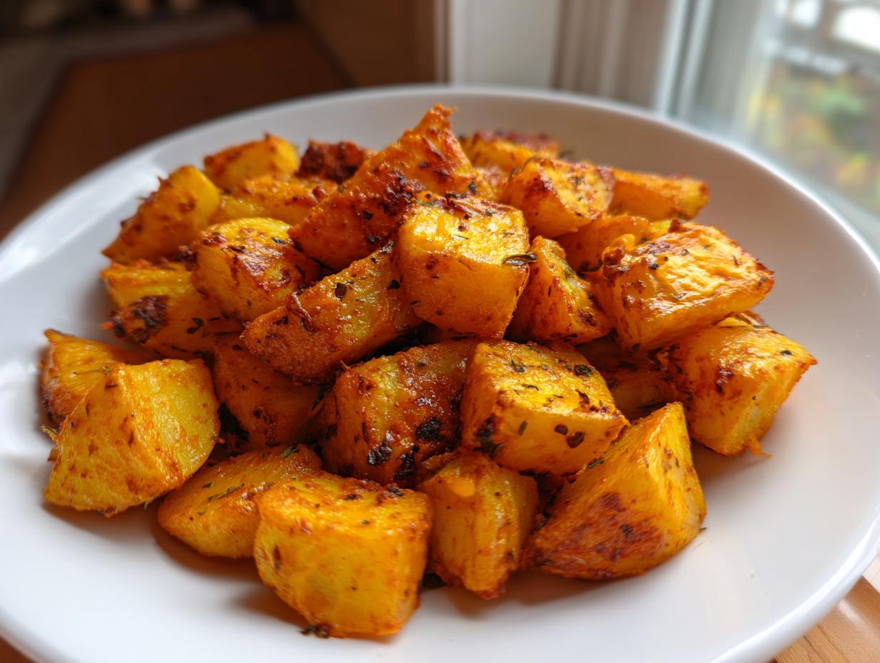 A close-up of perfectly roasted, golden-yellow Mexican Potatoes seasoned with spices, served in a white bowl.