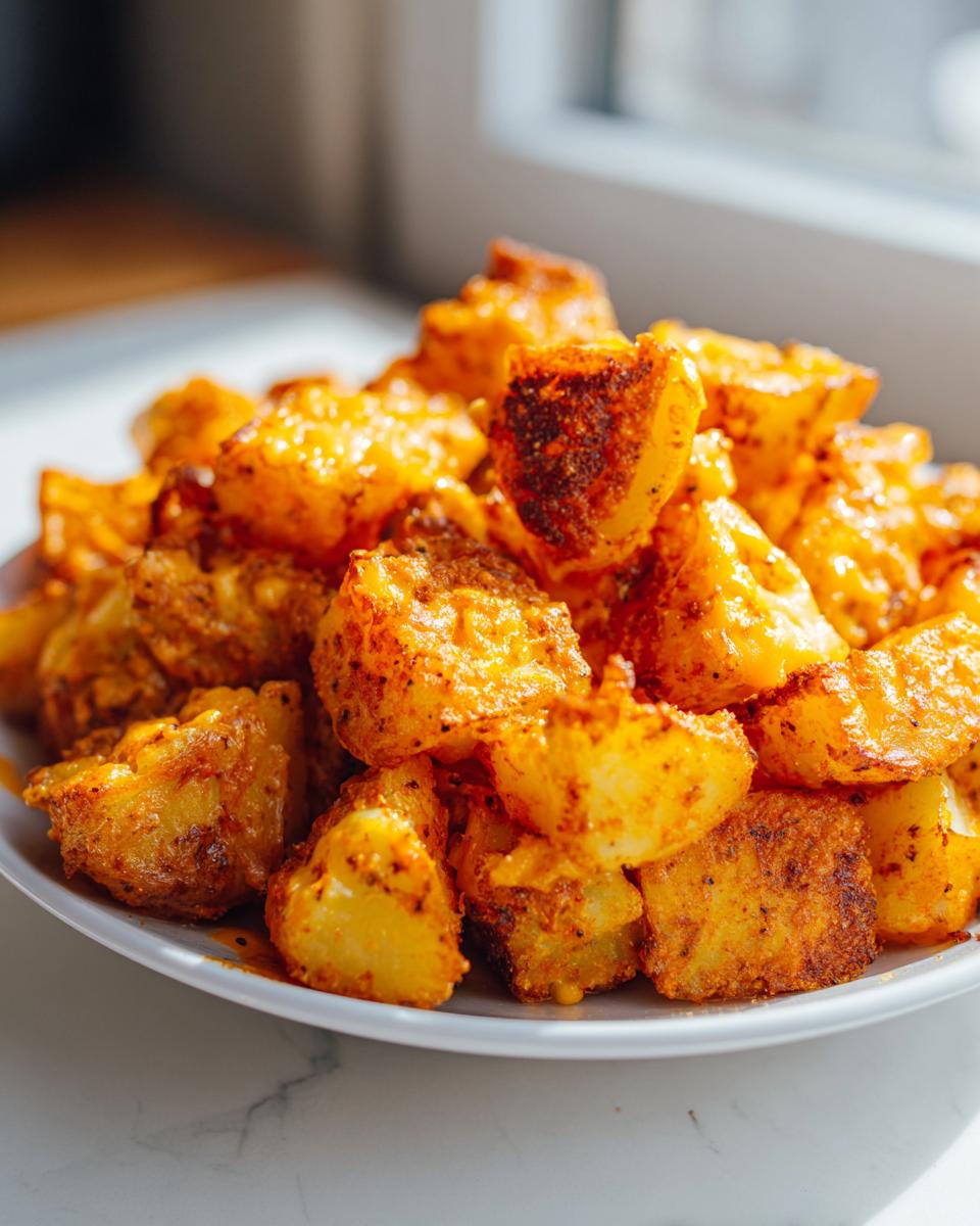 A close-up of a generous serving of crispy, golden Mexican Potatoes seasoned with spices, piled high on a white plate.
