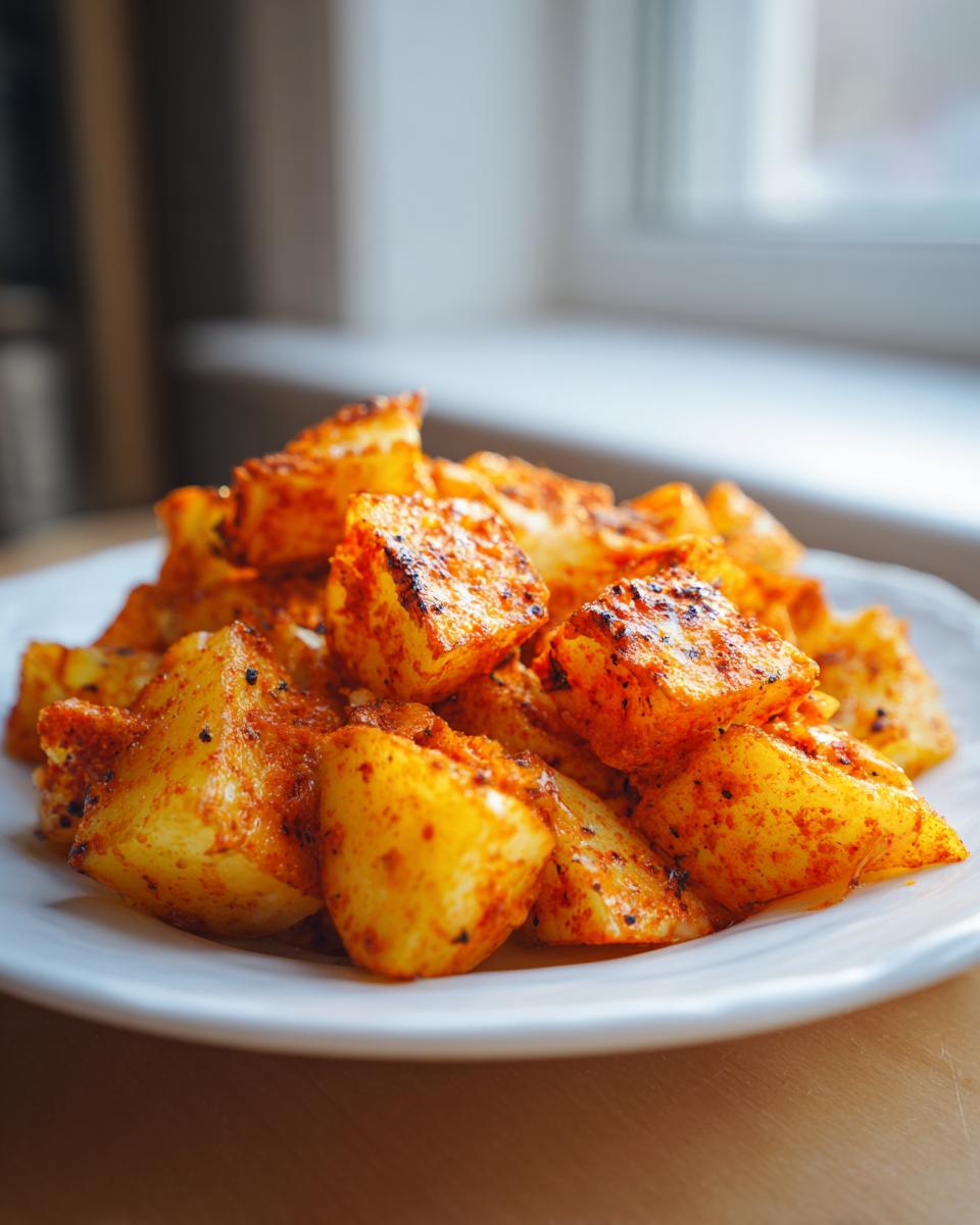 A close-up of seasoned, roasted Mexican Potatoes piled high on a white plate, showing vibrant red seasoning.