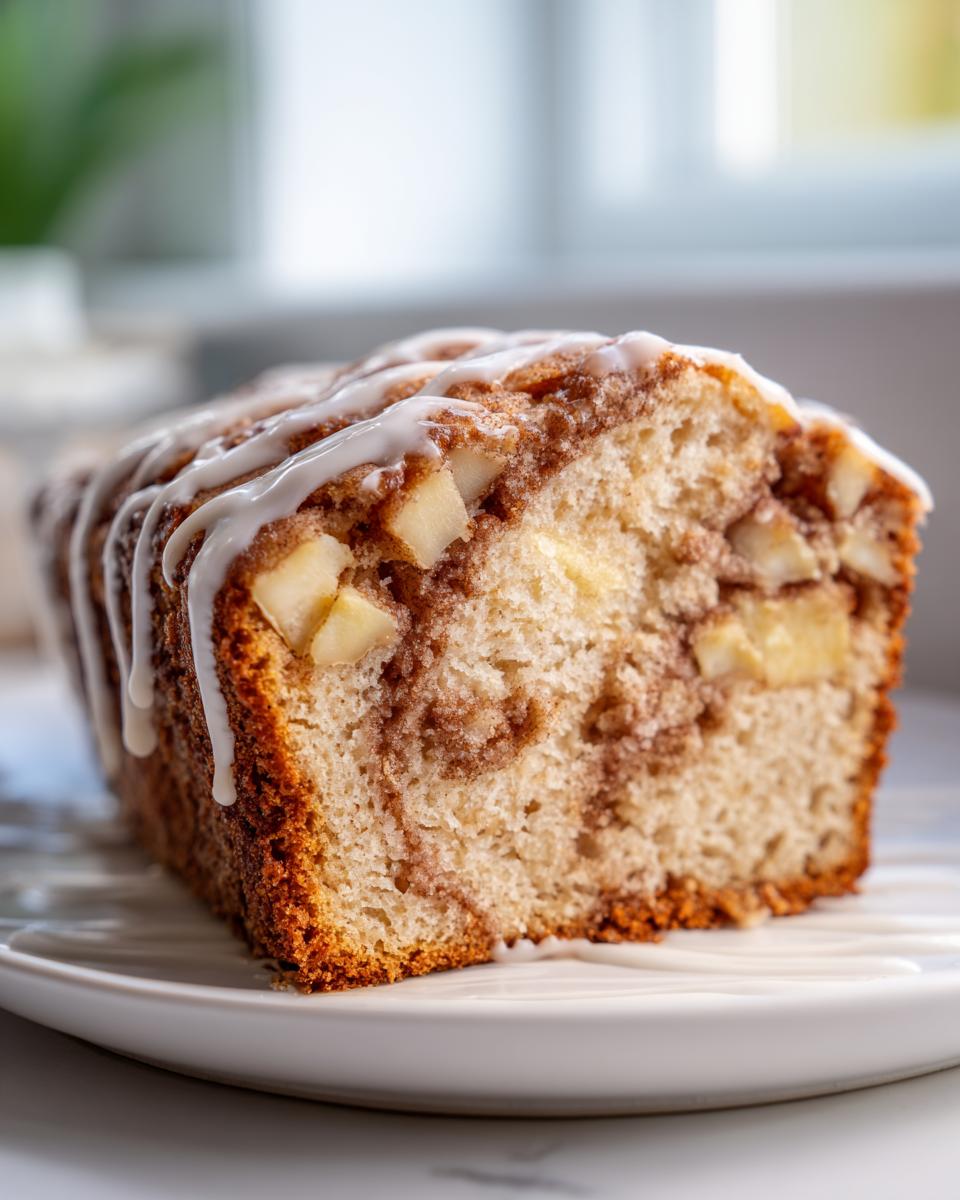 Close-up of a slice of moist apple bread featuring a cinnamon swirl and drizzled with white icing.